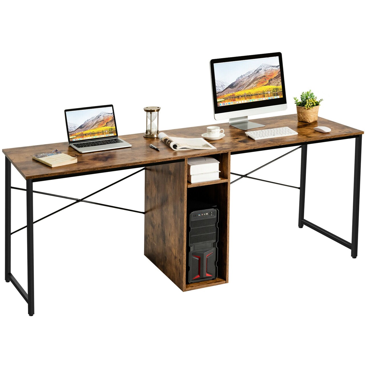 Costway 2 Person Computer Desk Double Workstation Office Desk w/ Storage Rustic Brown Black/Brown